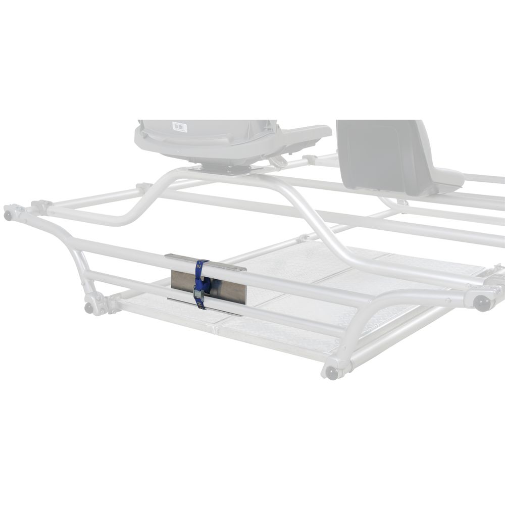 The NRS Cataraft Frame Motor Mount features a metal frame with a horizontal blue strap across two parallel bars and a black seat, seamlessly integrating an NRS Cataraft Yoke for stability.