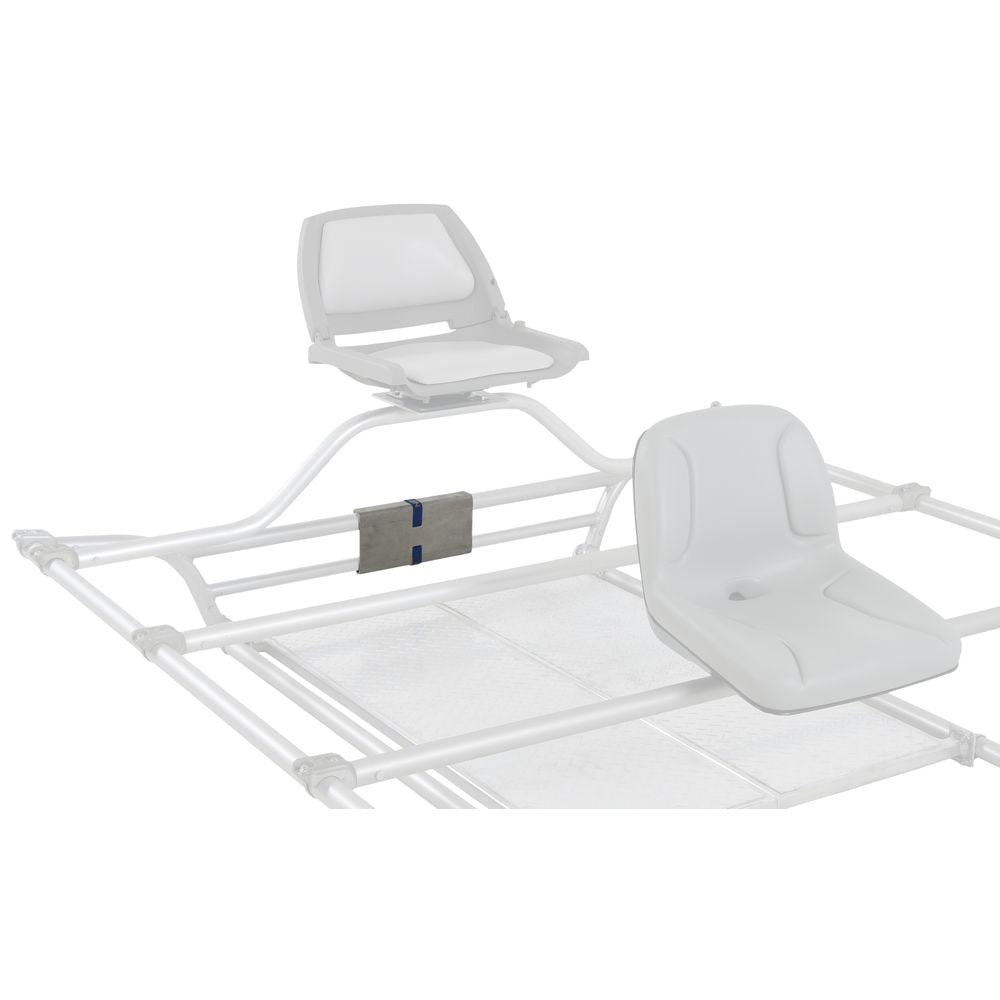 Two white seats on a metal frame, one elevated and the other on a mesh base, offer versatile seating for small boats. Ideal for use with an outboard motor or enhancing your NRS Cataraft Frame Motor Mount setup.