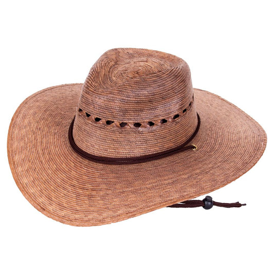 The Tula Lattice Gardener Hat by NRS boasts a brown straw design with a wide brim and decorative holes around the crown, providing unisex sizing and excellent sun protection.