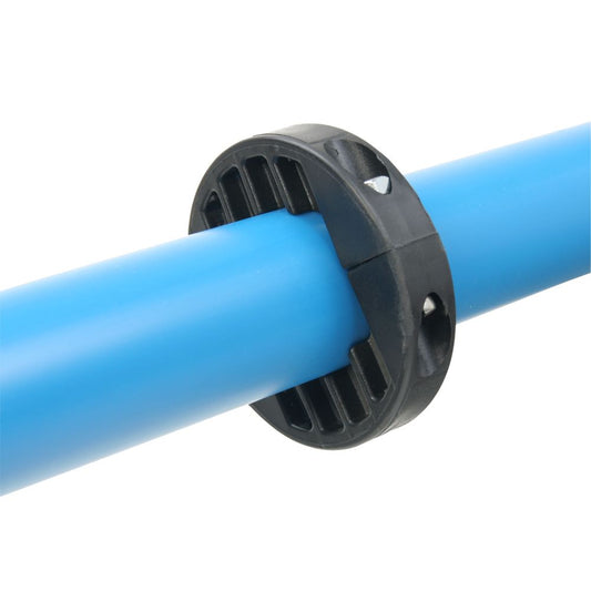 A blue pipe, similar to an NRS Plastic Oar Stop, fits through a black slotted circular bracket.