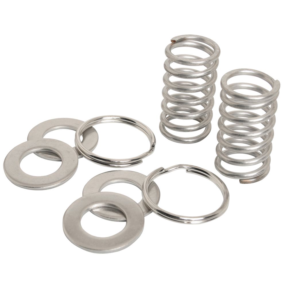 A collection of Oarlock Stainless Springs by NRS and metal washers artistically arranged on a white background.