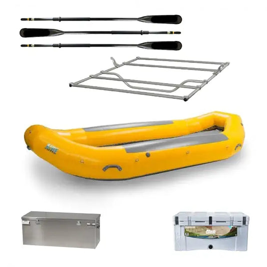 Yellow inflatable raft with two paddles, a metal frame, a silver storage box, and a gray container. This AIRE 146DD Expedition Package is perfect for adventurous outings.