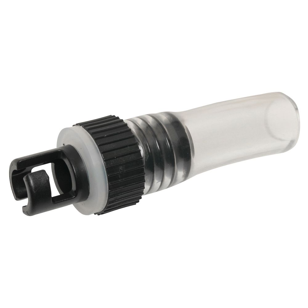 Close-up of a clear plastic duck call with a black tonal adjustment knob and visible reed, showcasing precision design similar to the NRS Halkey Roberts Valve Adapter for seamless sound variation.