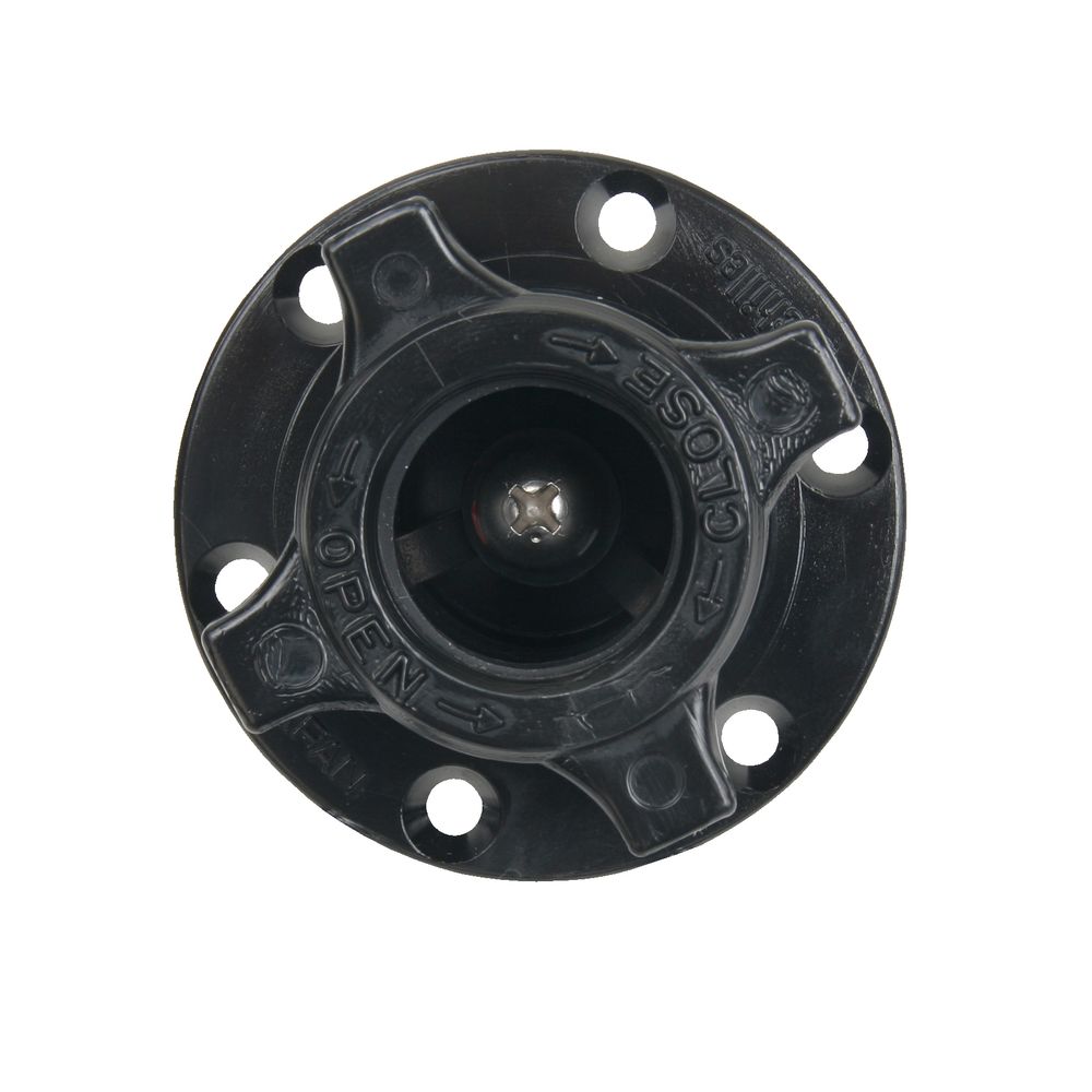 The NRS Military Valve - Achilles-Riken is a standard-size black circular plastic replacement valve with a central screw, four surrounding holes, and open/close arrows, ideal for Riken and Achilles boats.