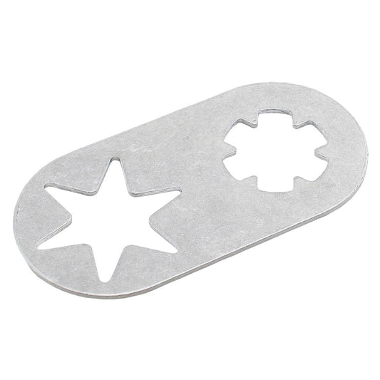 The NRS Leafield C7 / D7 Valve Wrench is a metal oval plate with a star-shaped cutout on one side and a circular cutout with inner protrusions on the other.