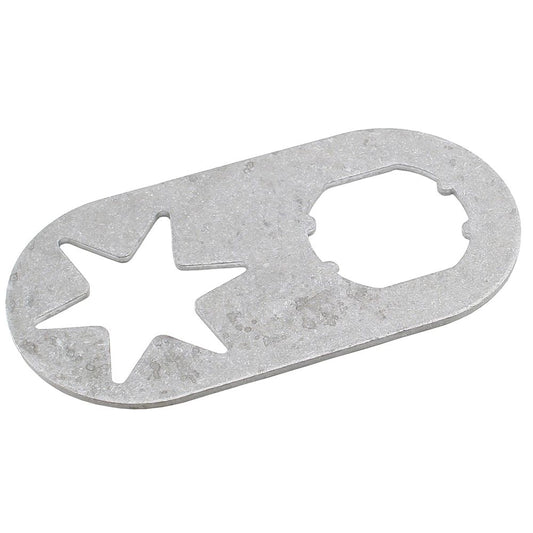 Oval metal washer featuring a star-shaped cutout on one side and an irregular hexagonal cutout on the other, ideal for NRS Leafield B7 Valve Wrench systems.