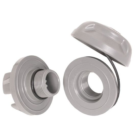 Gray plastic Leafield B7 Valve cap and base by NRS with a gasket, shown separated, as seen in high-quality systems.