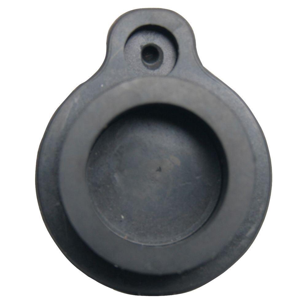 Close-up of the Leafield A6 PR Cap from Leafield, designed in black rubber with a central opening and top protrusion with a hole, ensuring seamless fitting with the PR valve for effective deflate prevention.