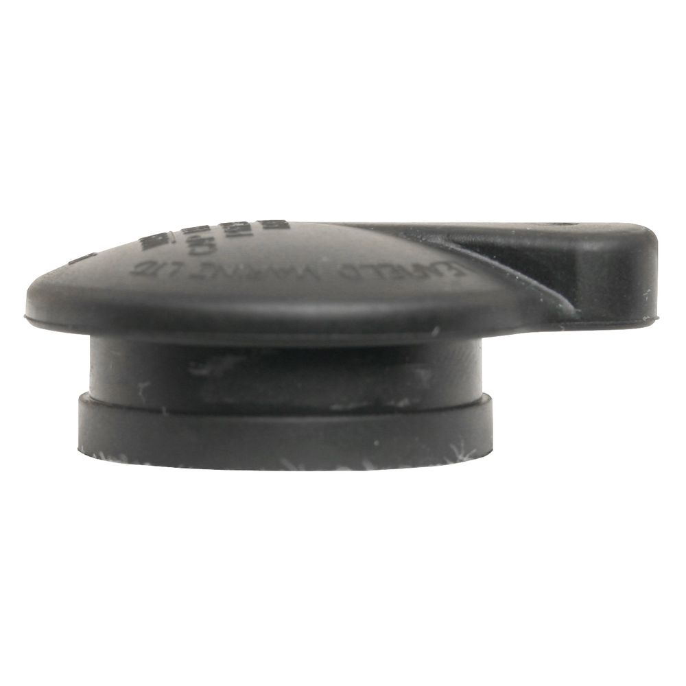 Side view of the Leafield A6 PR Cap by Leafield, featuring a black plastic design with a flat top and side tab for deflate prevention as an emergency cap.