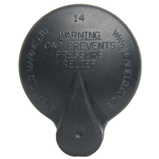 Round black Leafield A6 PR Cap embossed with "WARNING CAP PREVENTS PRESSURE RELIEF," marked with the number 14 and featuring "WWW.LEAFIELD.CO.UK," showcasing Leafield PR valve technology for deflate prevention.