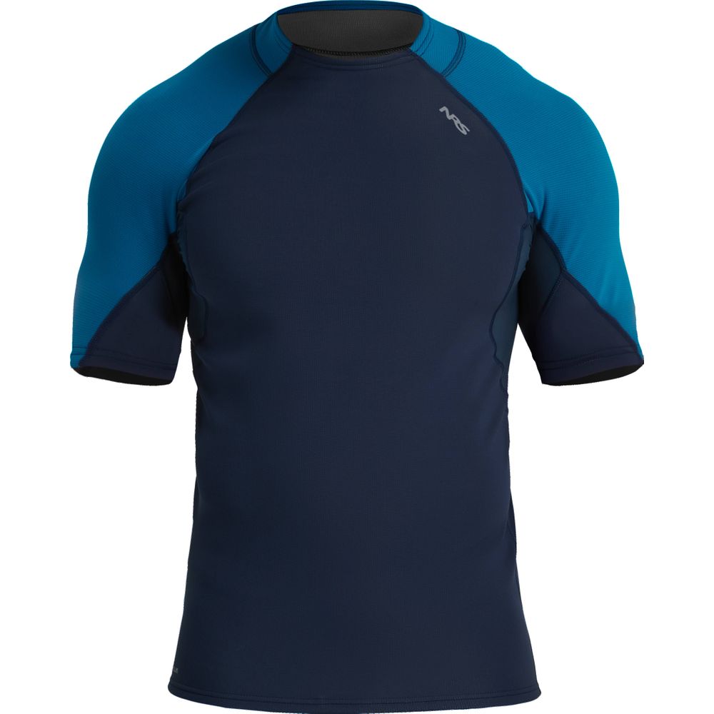 A short-sleeved NRS Hydroskin 0.5mm Short Sleeve Shirt - Men's with blue upper sections and dark navy torso and lower sleeve sections, this insulating top offers both style and function.
