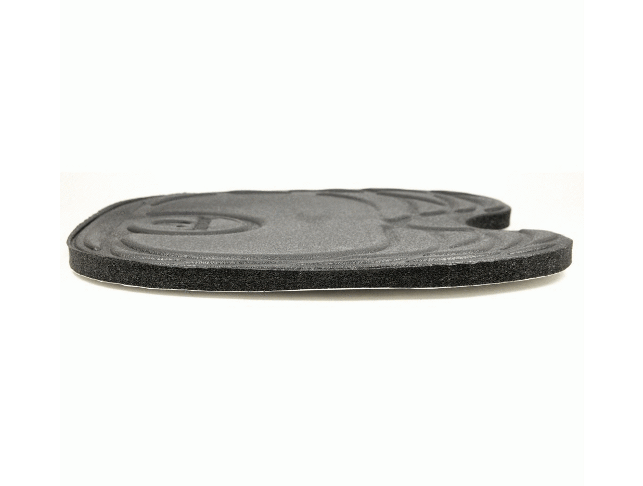 The Advanced Techlift Kayak Seat Pad by Harmony Gear is a flat, black foam mat with a curved cutout and an embossed pattern on one side, viewed from a side angle against a plain background.