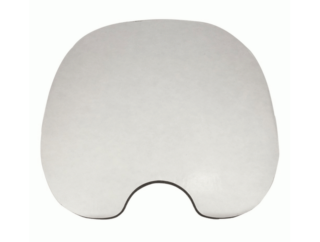 A kidney-shaped disposable toilet seat cover with a cut-out on the bottom, set against a plain background, mimics the design of Harmony Gear's Advanced Techlift Kayak Seat Pad.