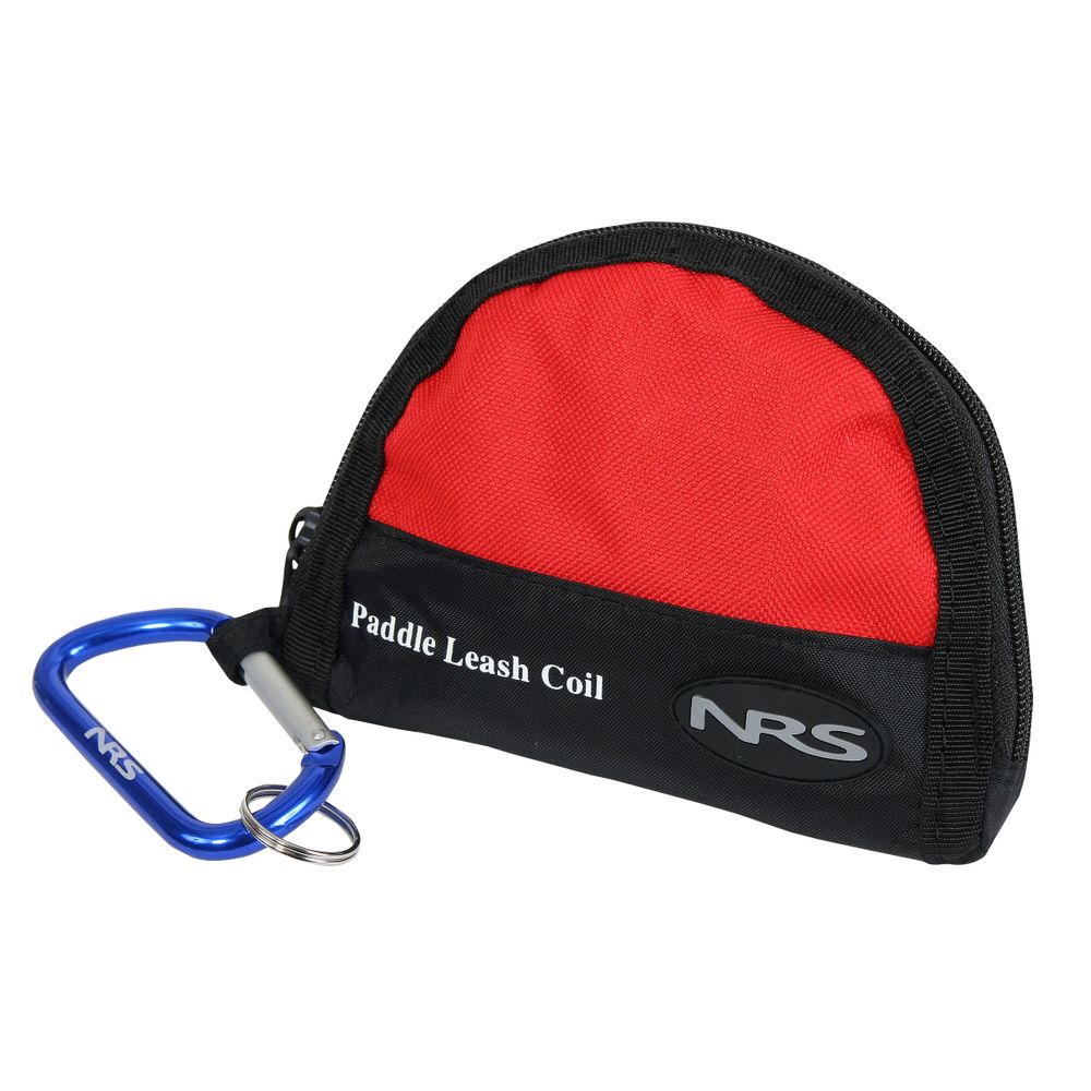 The NRS Paddle Leash in red and black includes a blue carabiner, ideal for securing gear on the water.