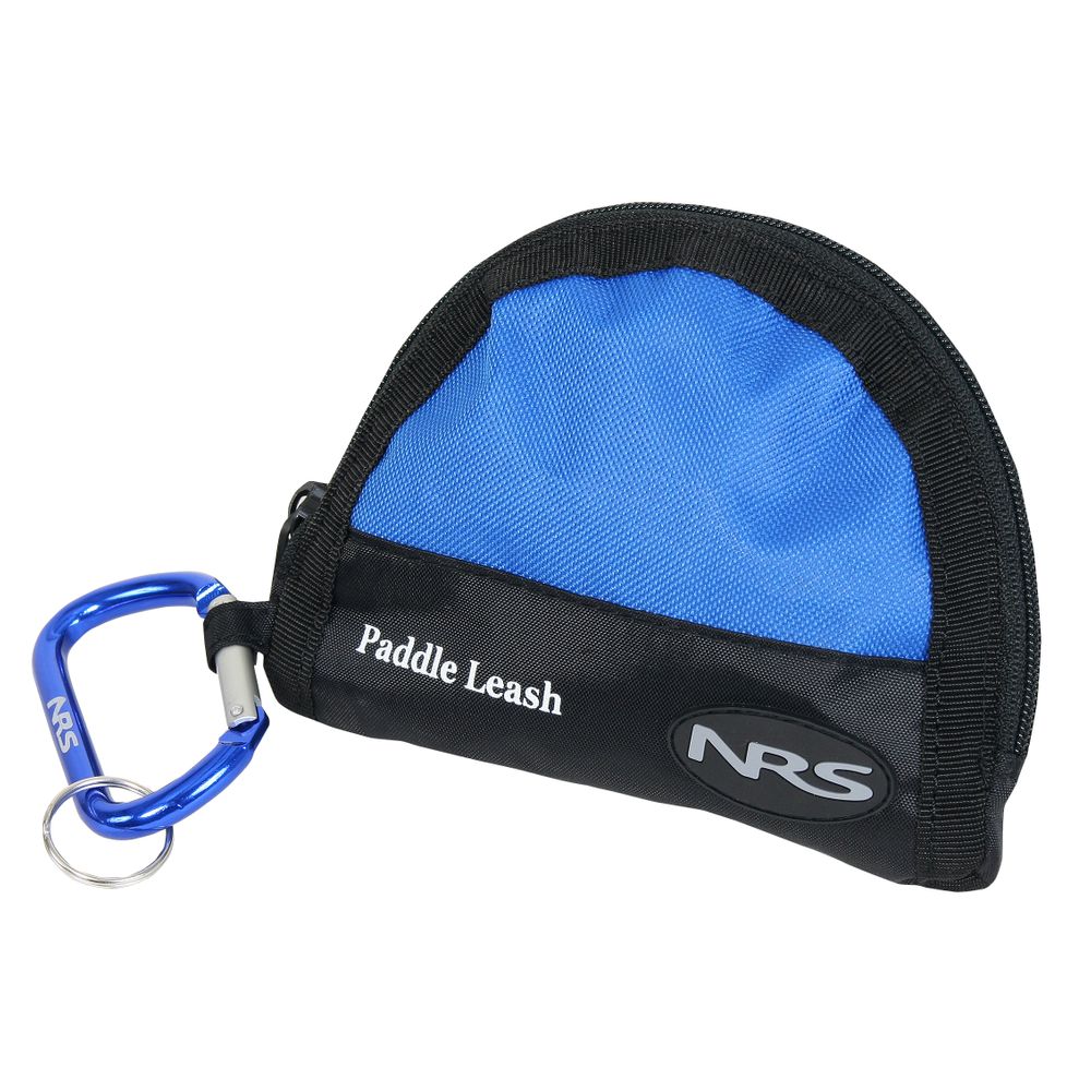 A NRS Paddle Leash featuring a blue and black pouch with "Paddle Leash" print, a coil design, and equipped with a blue NRS carabiner attached to a ring.