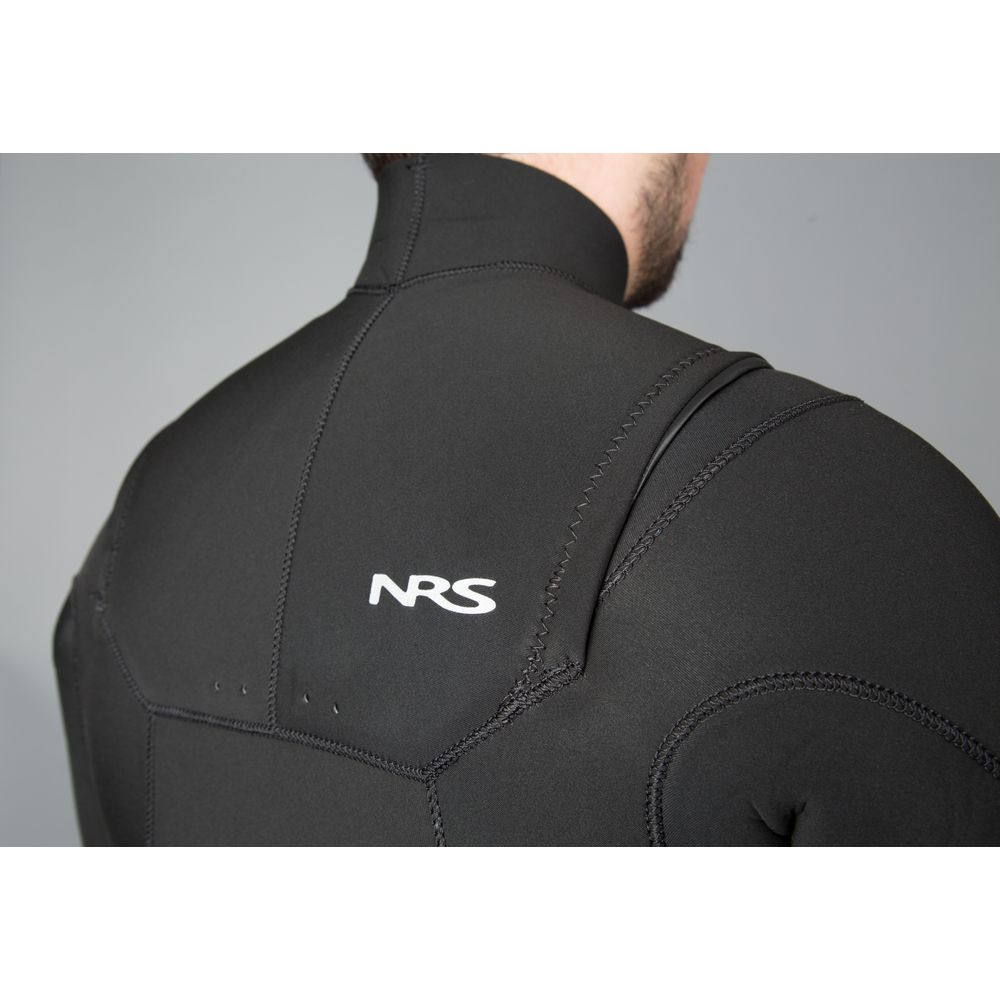 Close-up of a person in a black NRS Radiant 3/2 Wetsuit, highlighting the back and shoulder with visible stitching details and cozy VaporLoft lining.