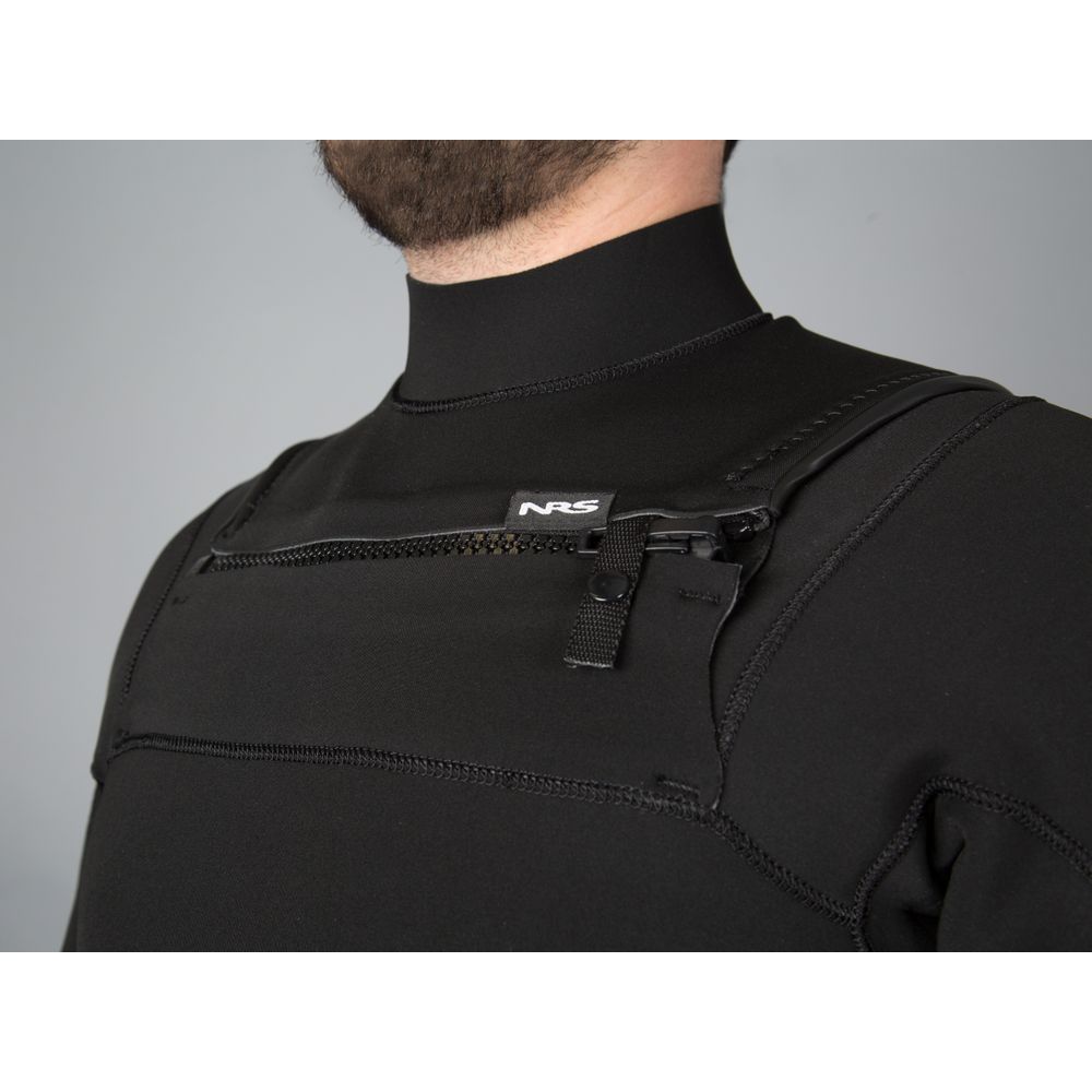 Close-up of a person wearing the Radiant 3/2 Wetsuit by NRS, featuring a zippered chest pocket and iconic logo. Made with Terraprene neoprene for flexibility, it includes a VaporLoft lining for added warmth and comfort.