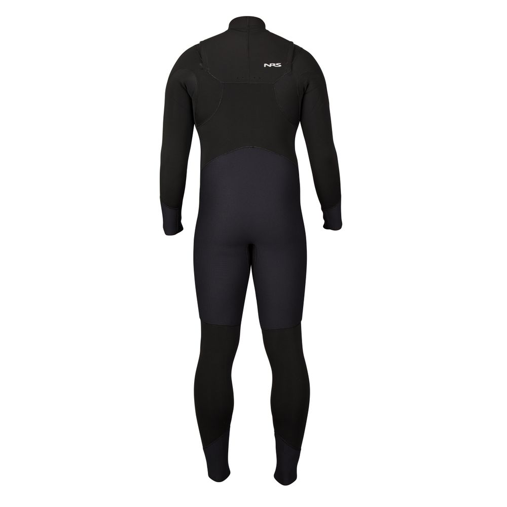 Rear view of an upright NRS Radiant 3/2 Wetsuit, a sleek black full-body design made from Terraprene neoprene.