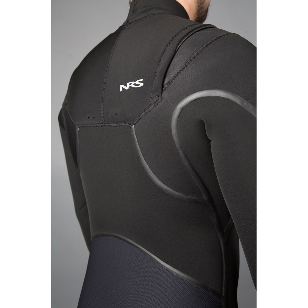 Someone poses in the back view wearing a black NRS Radiant 4/3 wetsuit made with Terraprene neoprene and gray seams against a gray background.