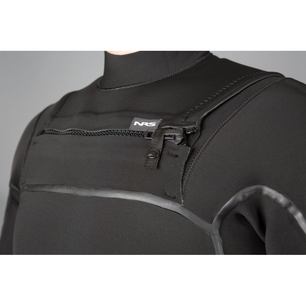 Close-up of a person wearing the black NRS Radiant 4/3 Wetsuit, crafted from Terraprene neoprene with a zippered chest pocket and shoulder straps, perfect for SUP adventures.