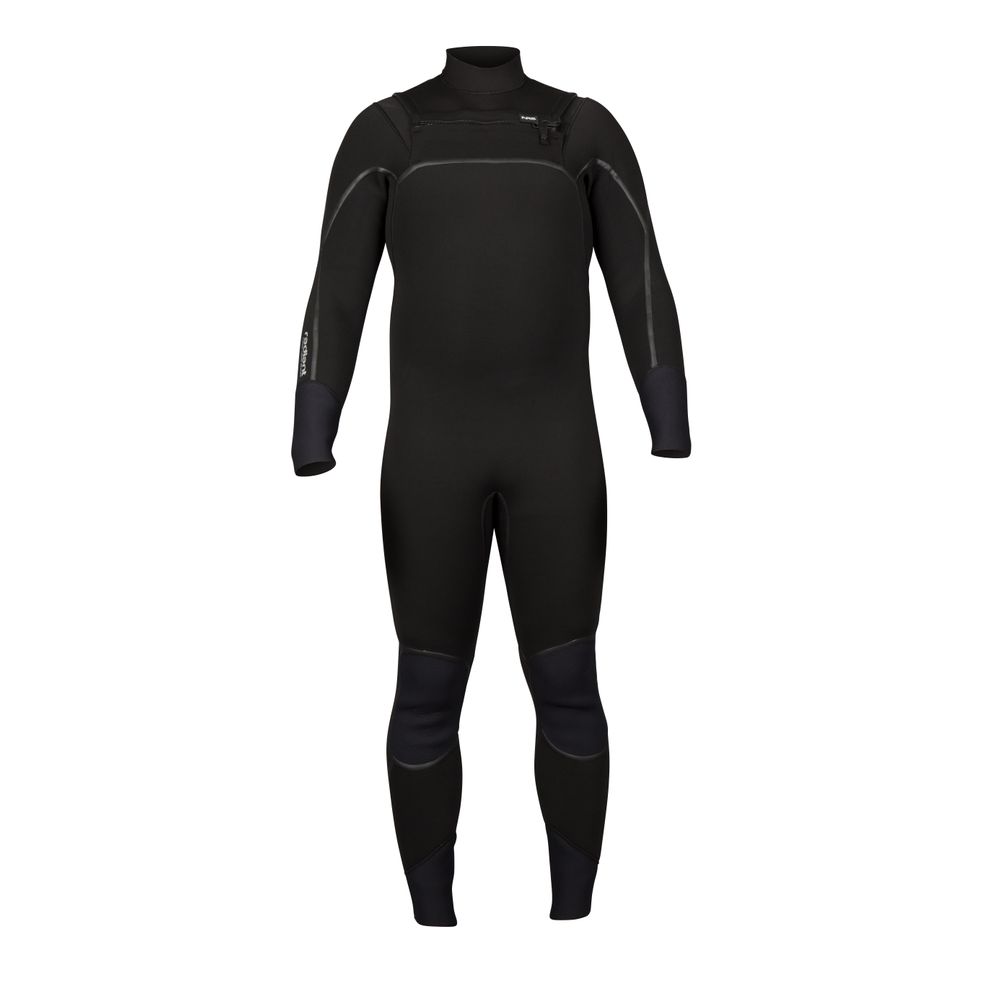 The NRS Radiant 4/3 Wetsuit is a black full-body SUP wetsuit with a front zipper and reinforced knees, crafted from durable Terraprene neoprene for superior flexibility.