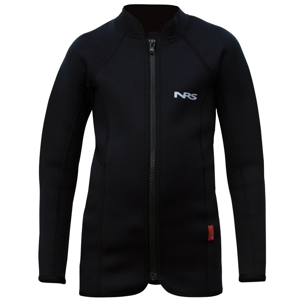 The Demo Youth Wetsuit Jacket by NRS, in black, features a front zipper, long sleeves, and a small red side tag. Designed for ultra-warmth, it ensures comfort and style whether surfing or facing cold waters.