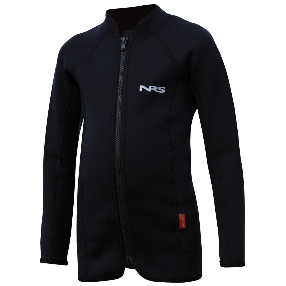 The Demo Youth Wetsuit Jacket by NRS is black, with long sleeves, a front zipper, and an "NRS" logo on the chest. It's an ultra-warm layer for comfort and protection.