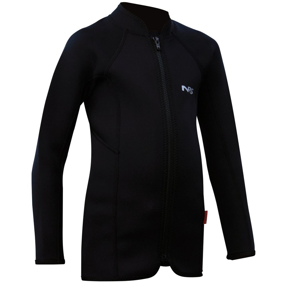 The NRS Demo Youth Wetsuit Jacket features black neoprene, long sleeves, a front zipper, and a chest logo. Designed to keep you ultra-warm in cooler waters.