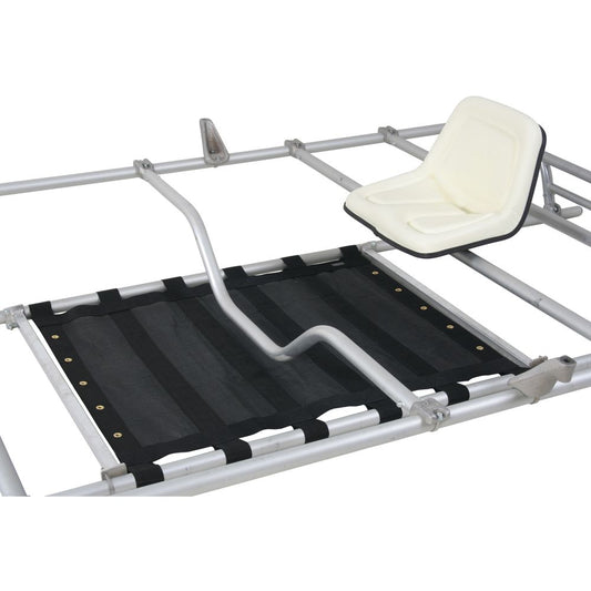 NRS Lower Cat Rail Spreader Bar offers versatility with an aluminum cataraft frame featuring a single white seat and a black mesh cargo floor.