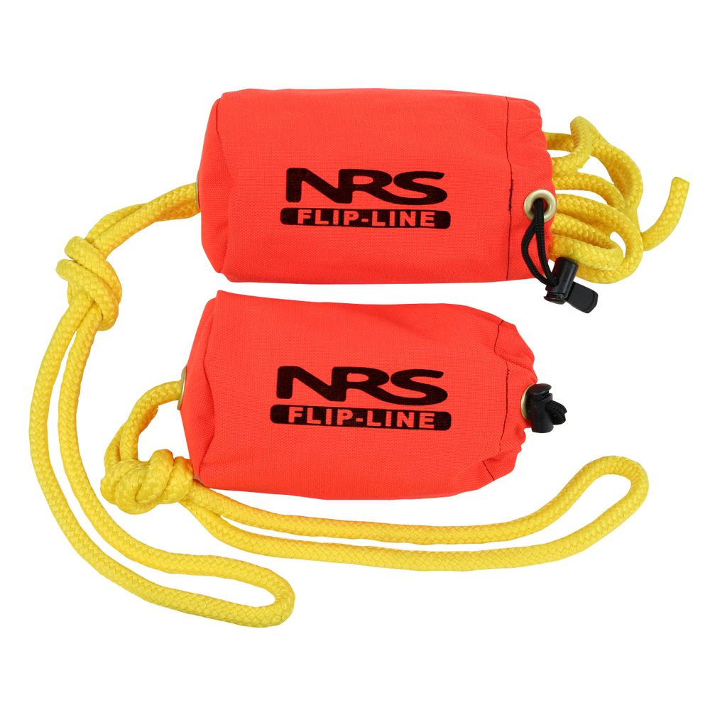 Two NRS Flip Line Bags, orange in color, contain coiled yellow polypro ropes secured with black clips, serving as essential safety lines.