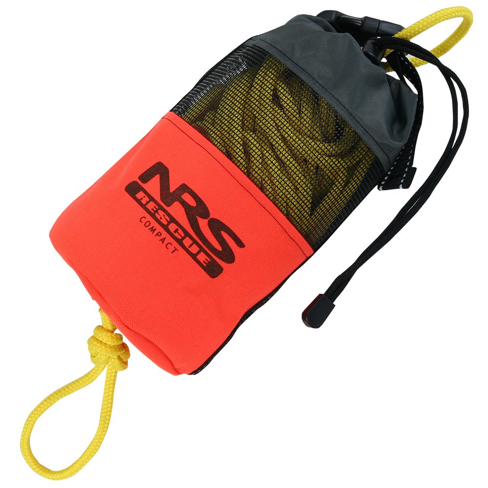 The NRS Compact Rescue 70' Throw Bag, in orange and black, features a yellow rope and mesh top for swiftwater emergencies.