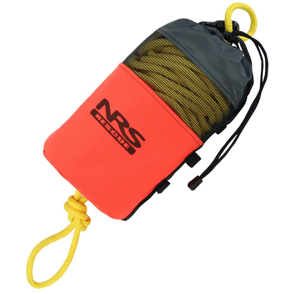 The NRS Standard Rescue Throw Bag 75' is orange and black with durable Cordura Nylon, a yellow polypropylene rope, and "NRS Rescue" on the front.