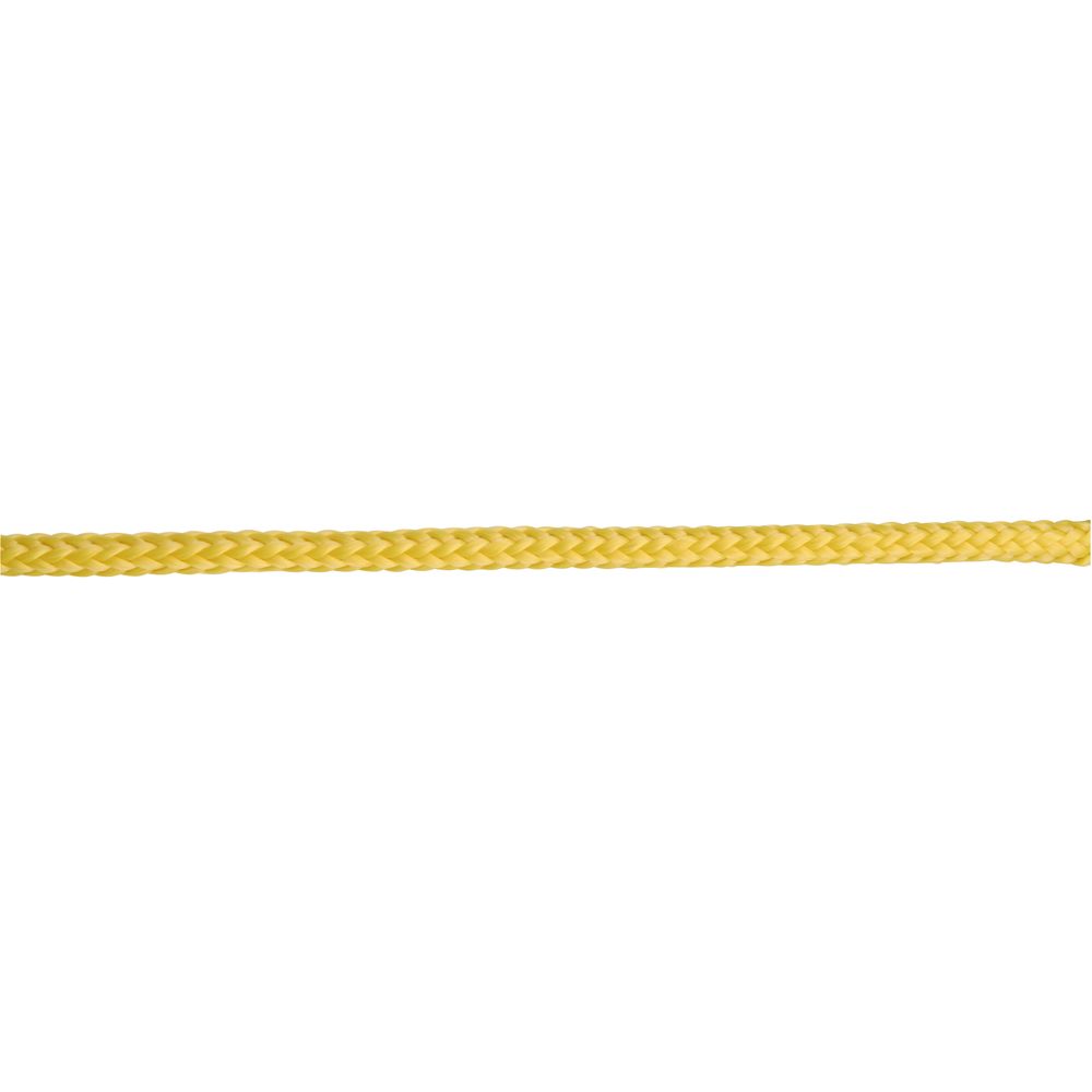 The yellow braided rope, a 3/8in Floating Rescue Rope by NRS and made of durable polypropylene known for its tensile strength, extends horizontally across the white background.