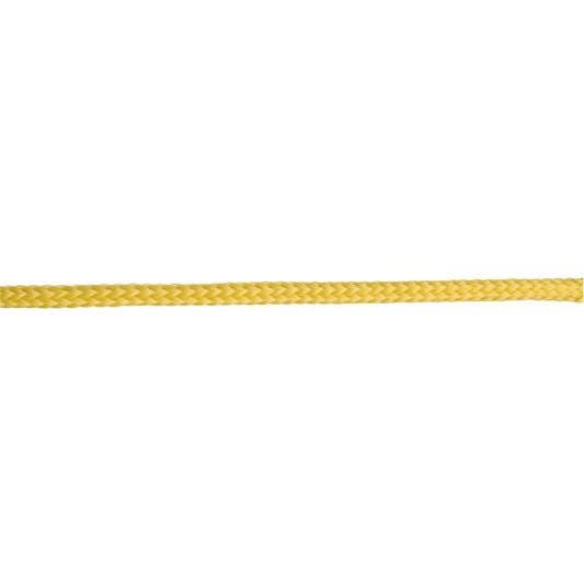 The yellow braided rope, a 3/8in Floating Rescue Rope by NRS and made of durable polypropylene known for its tensile strength, extends horizontally across the white background.