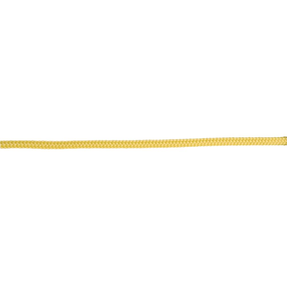 The NRS Yellow Floating Rescue Rope - 1/4", made with kernmantle construction, is straight and horizontally aligned on a white background.