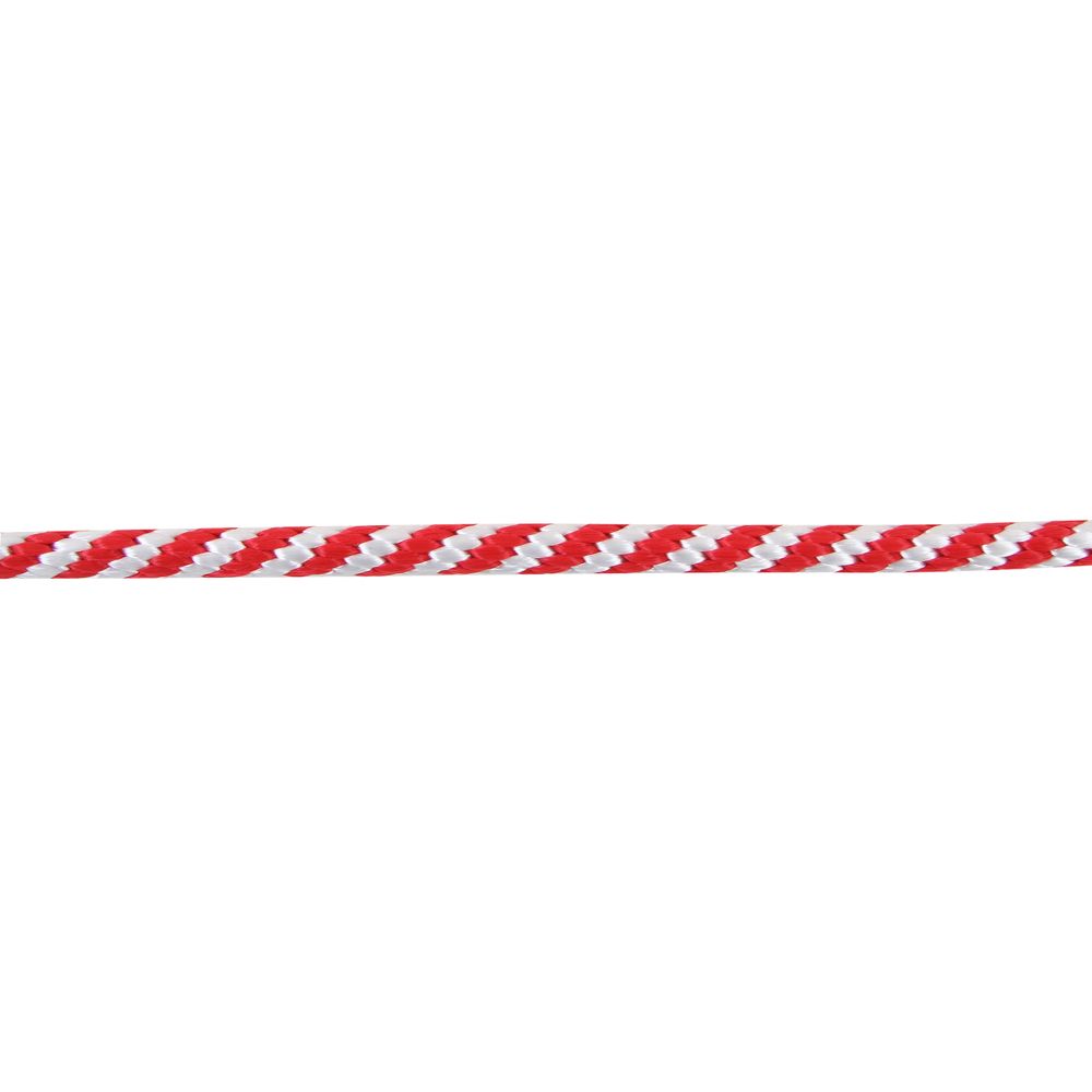 Close-up of the NRS 3/8 Polypro Boat Line, featuring a red and white striped braid, known for its tensile strength, against a white background.