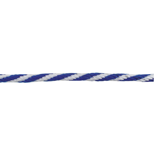 The NRS 3/8 Polypro Boat Line features alternating blue and white strands in a twisted design, showcasing its braided polypropylene texture against a white background, emphasizing its impressive tensile strength.