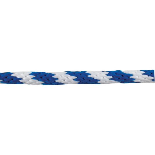 Close-up of the NRS 5/8 Polypro Boat Line, with its blue and white braid on a white background, showcasing its impressive abrasion resistance.