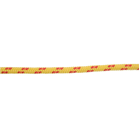 The 3/8in Sterling UltraLine Water Rescue Rope by NRS, featuring a durable polypropylene sheath in yellow with red accents, is displayed on a white background.