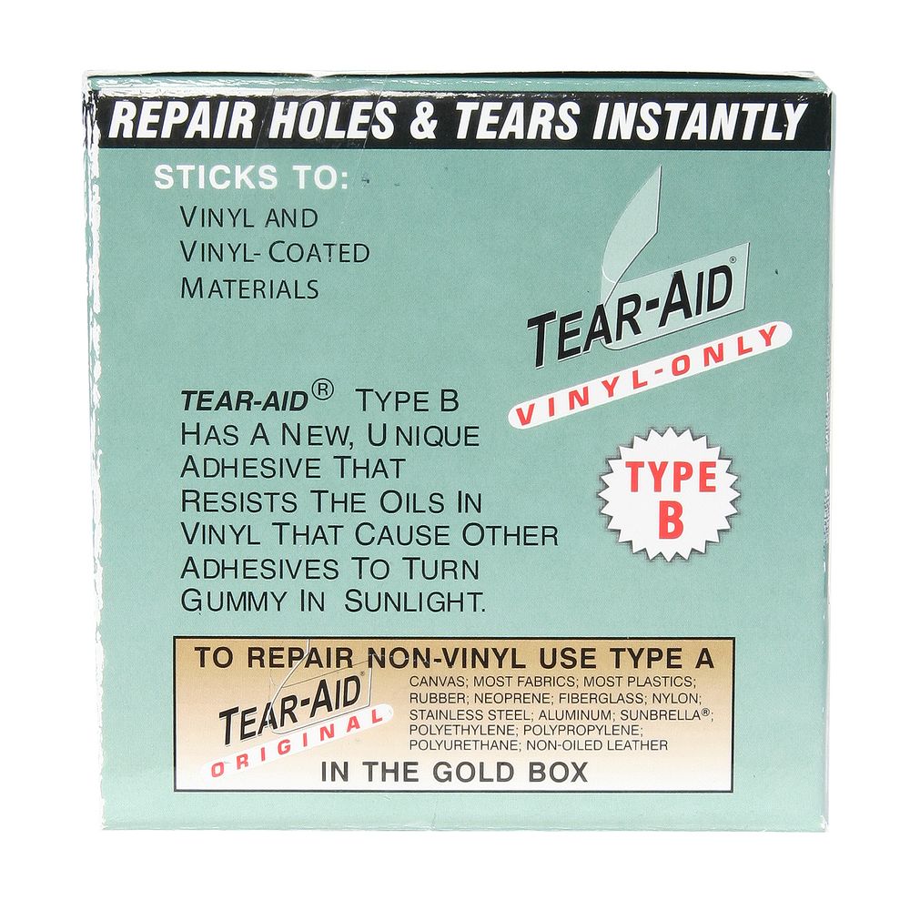 Box of NRS Tear Aid Type B for vinyl repair includes watertight patches, highlights adhesive and oil-resistant properties, and is UV resistant for durability. Note: Use Type A for non-vinyl repairs.