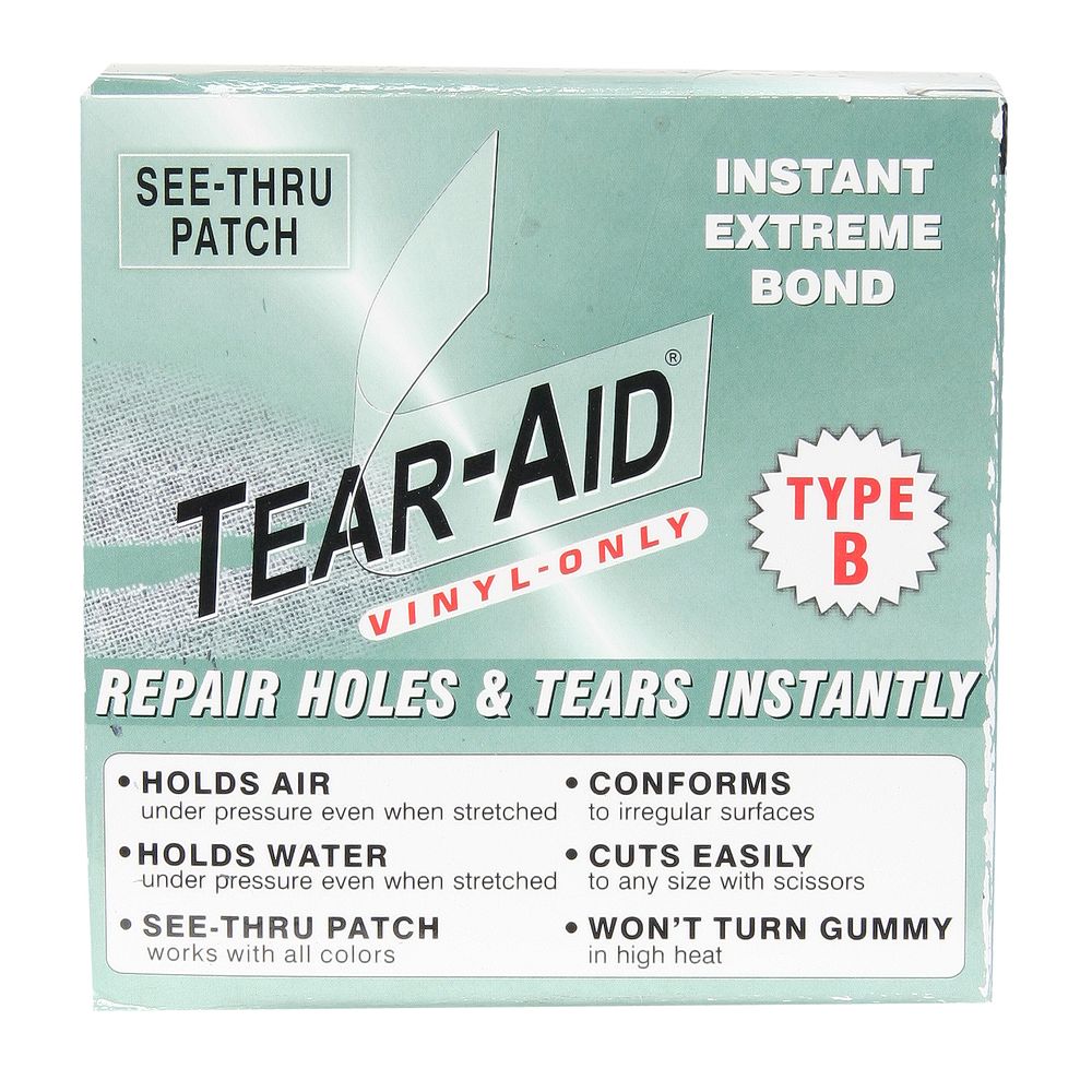 The NRS Tear Aid Type B for vinyl repair includes watertight, air-holding, see-thru patches that are UV-resistant, conform seamlessly, can be easily cut, and won't turn gummy.