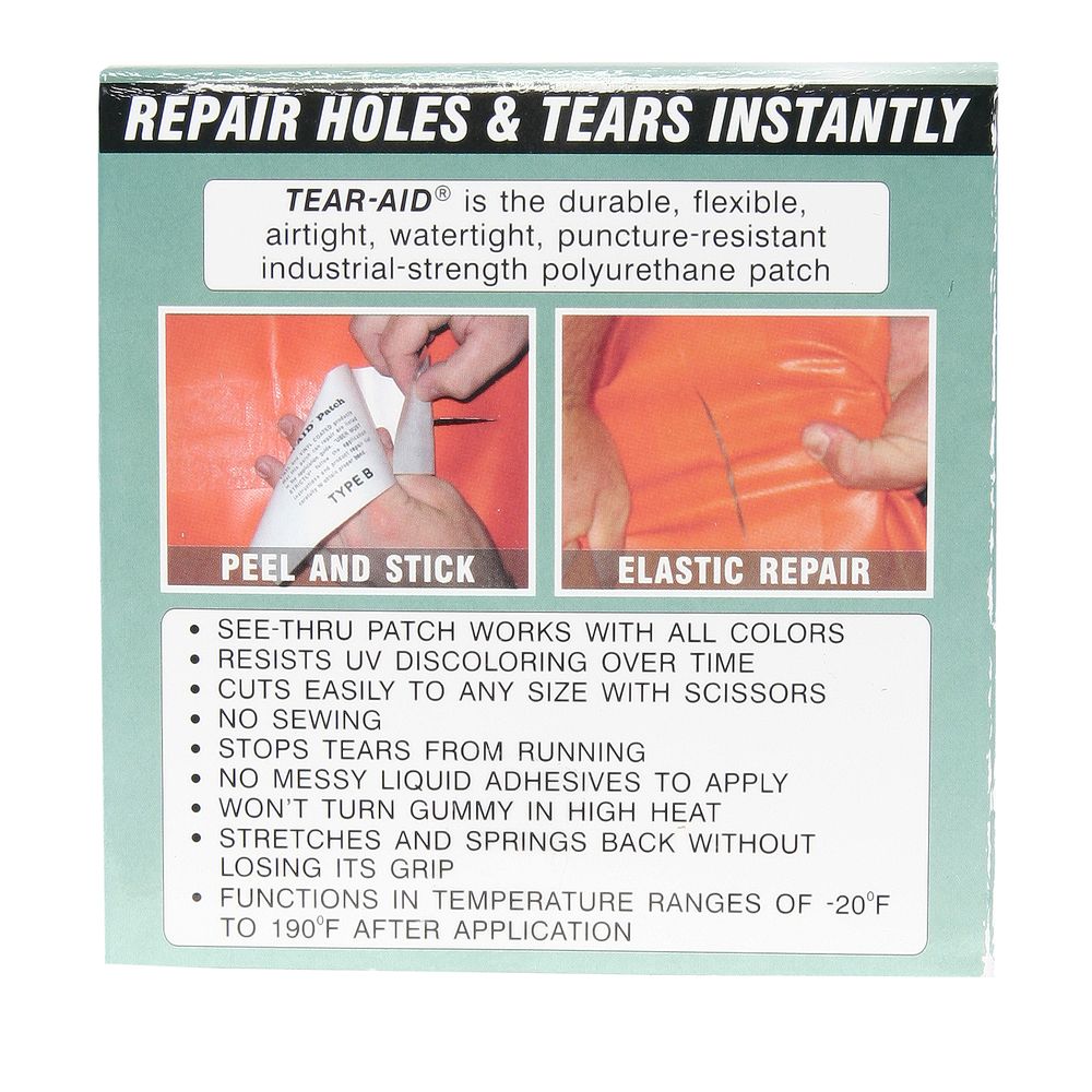 The NRS Tear Aid package highlights its industrial-strength features like impressive elasticity and UV resistance. With watertight patches, it offers "Peel and Stick" convenience and "Elastic Repair" excellence for reliable performance in any climate.