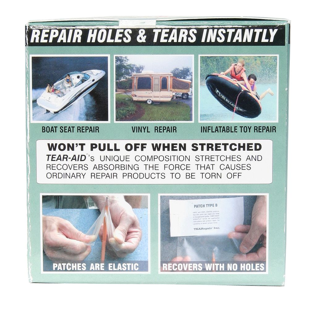 NRS's Tear Aid packaging features examples of repairing a boat seat, vinyl, and inflatable toys. The watertight patches showcase elasticity and hole-free recovery, with UV resistance for lasting durability.