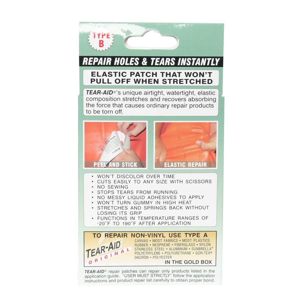 The NRS Tear Aid Type B packaging showcases an elastic patch perfect for repairs, emphasizing its watertight, airtight, and UV-resistant qualities. It includes easy-to-follow application instructions and practical use cases.