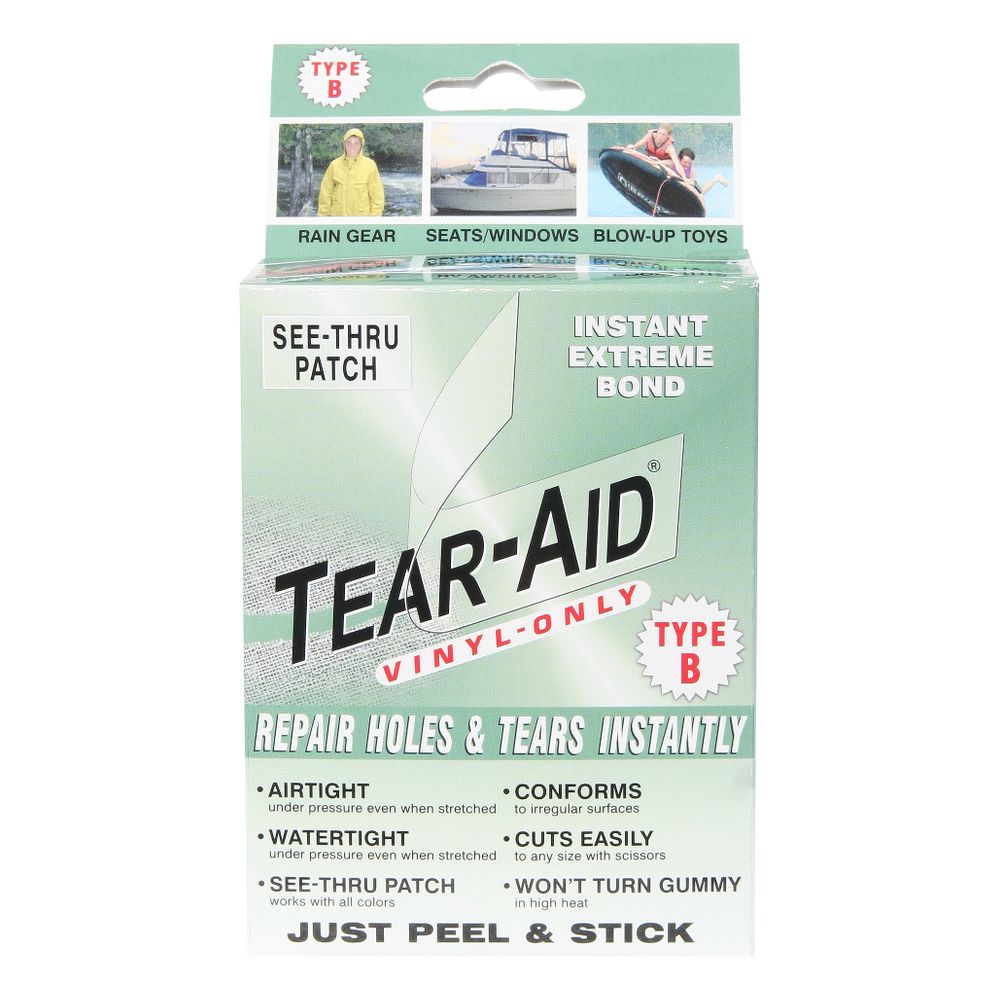 NRS Tear Aid Type B features a clear patch ideal for vinyl rain gear, seats, and inflatable repairs. It boasts UV-resistant, airtight, watertight patches with instant bonding.