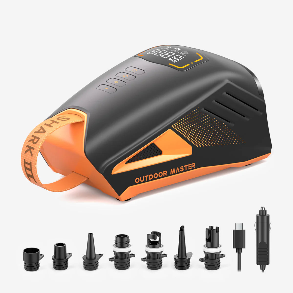 A black and orange electronic device labeled "Shark 3 - Battery Powered SUP Pump" from the brand Outdoor Master, featuring a digital display screen and various attached nozzles, stands alongside several interchangeable nozzles and a charging adapter. This versatile SUP pump functions as both a dual-stage inflator and a battery inflator.