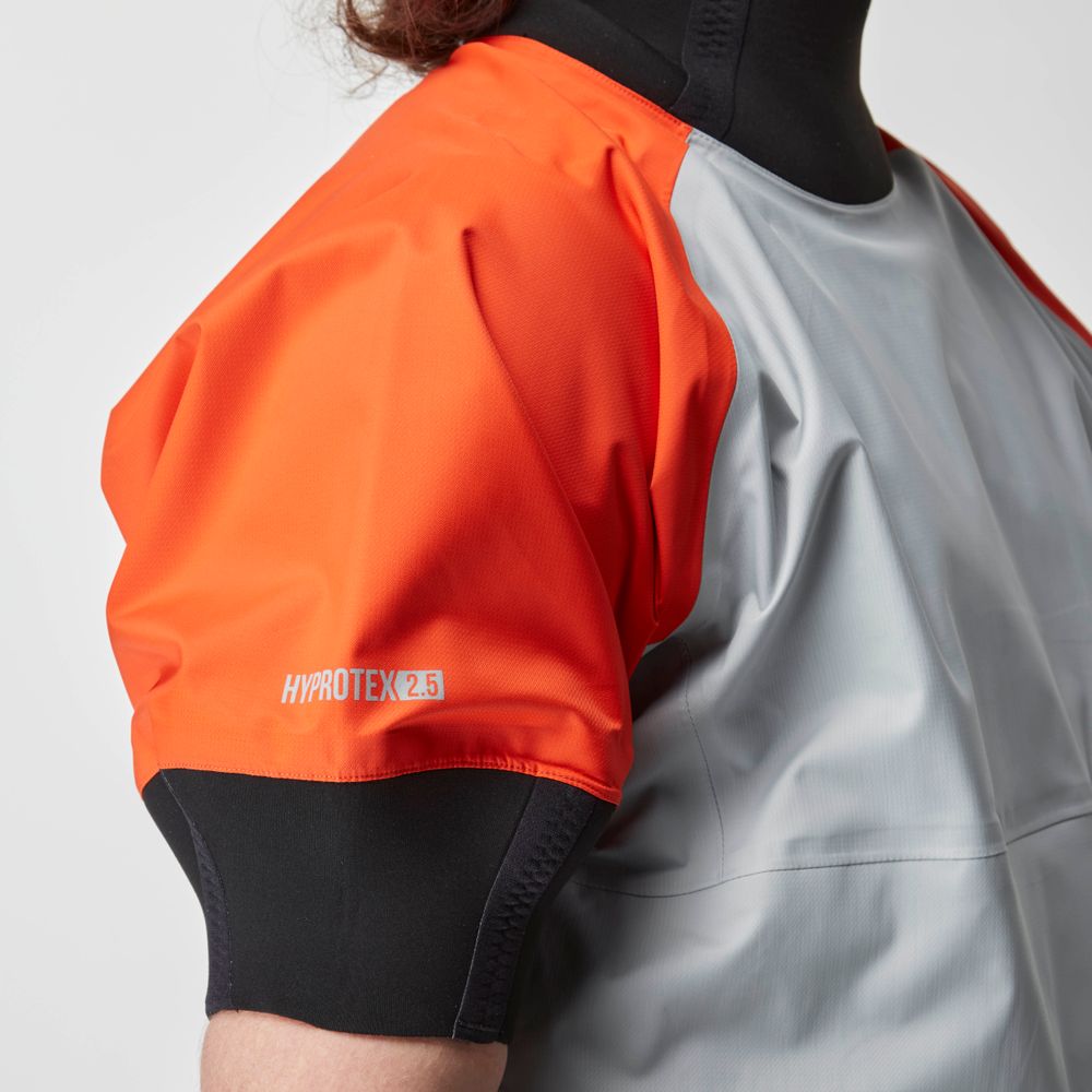 Close-up of a person wearing the NRS Stratos Short Sleeve Paddling Jacket characterized by orange sleeves, a gray body, and "HYPROTEX 2.5" text on the sleeve. The jacket features neoprene seals and waterproof fabric for optimal performance in wet conditions.