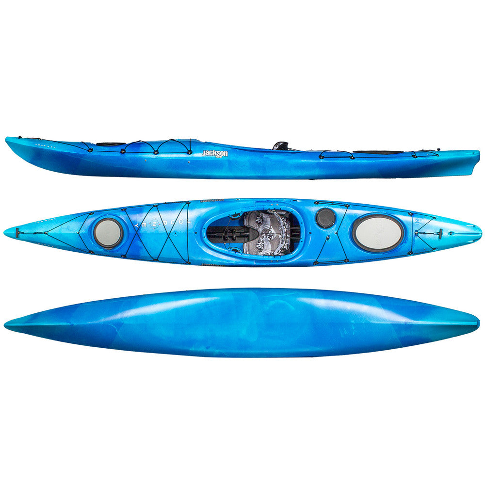 Three views of the Jackson Kayak Journey 14 in blue: top view showing seating, storage, and the adjustable Sure-Lock Back Band System; side view highlighting the aerodynamic shape perfect for open water crossings; bottom view displaying a smooth underside.