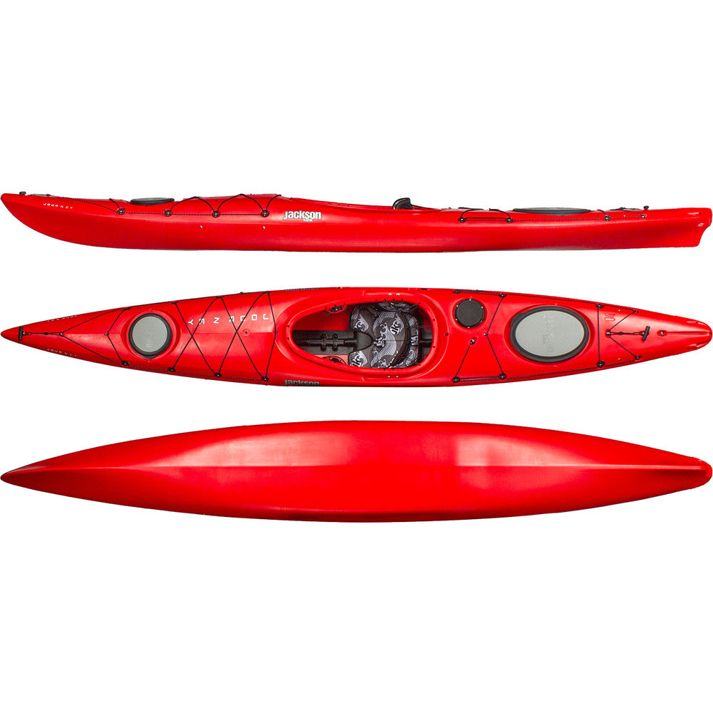 The Jackson Kayak Journey 14, a red single-person touring kayak, is depicted from three different angles: side, top, and bottom views. This kayak is designed with an open cockpit and includes bungee cords, storage compartments, and an adjustable Sure-Lock Back Band System for enhanced comfort during open water crossings.