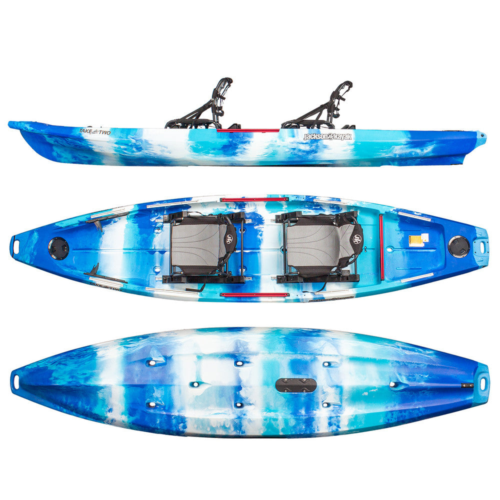 A blue and white TakeTwo kayak perfect for family fun by Jackson Kayak.